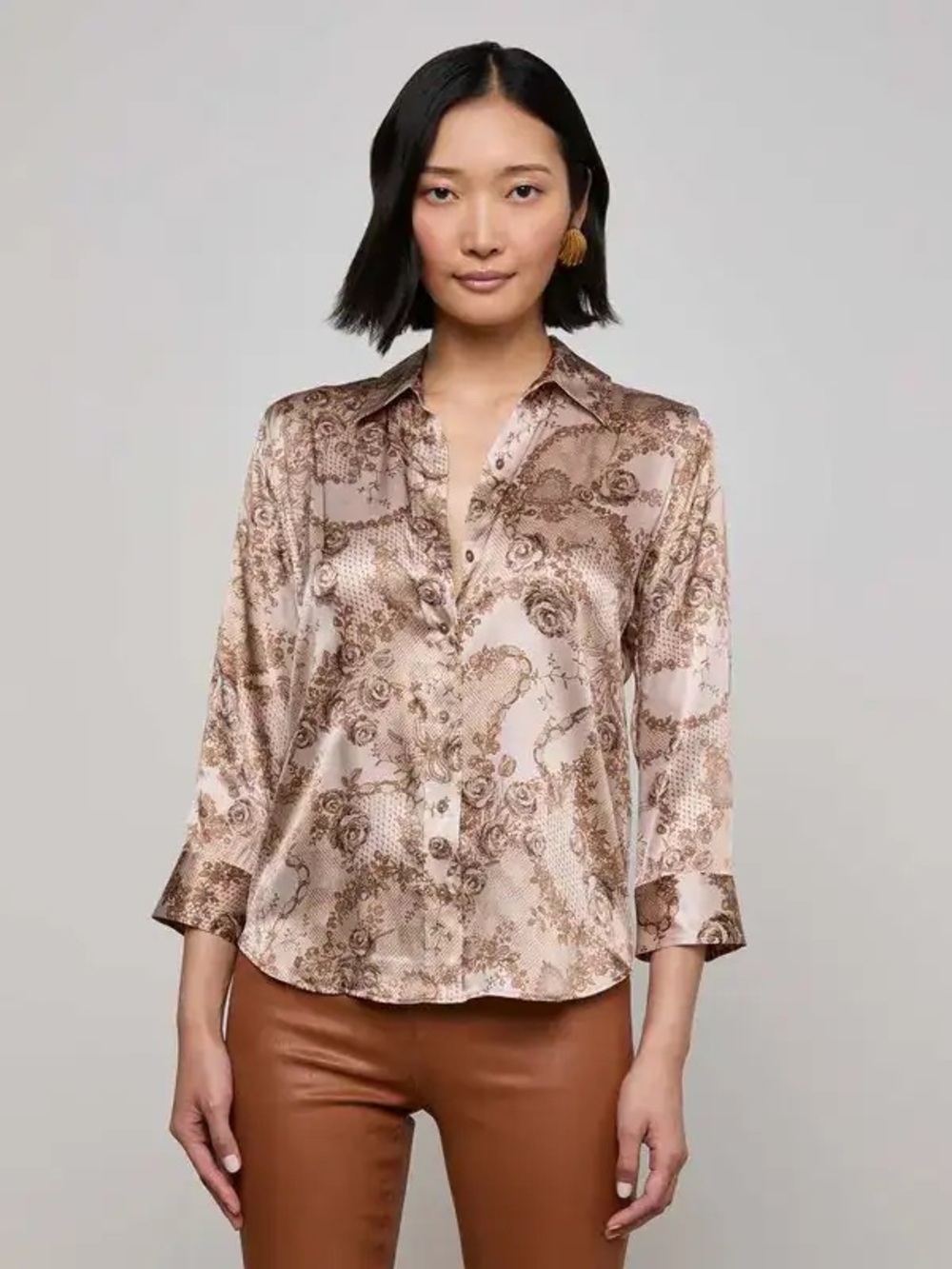 NWT L'AGENCE Dani 100% Silk Button-Up Blouse In Toasted Almond Lace Print sz M